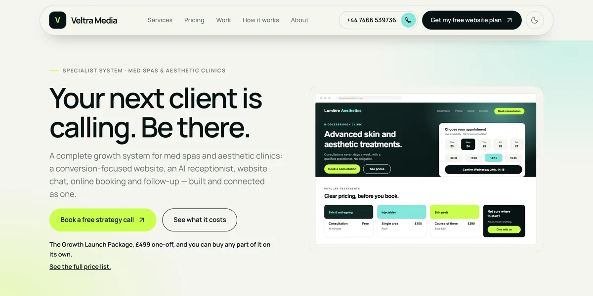 The Veltra med-spa growth system website: a clinic homepage with a booking panel