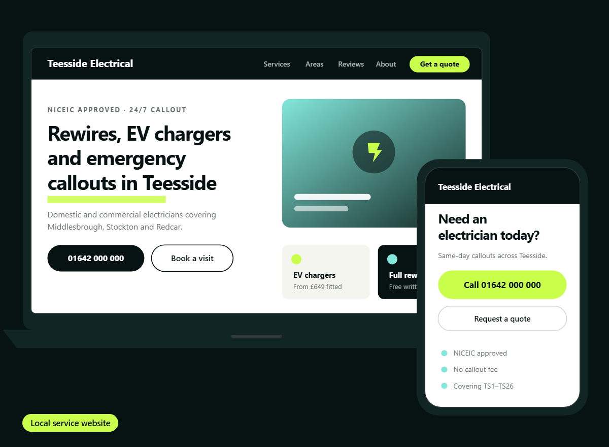 A local electrical contractor's website built by Veltra, shown on a laptop and a phone.