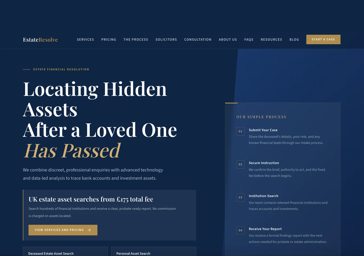 The Estate Resolve homepage: a navy and gold design headed Locating Hidden Assets After a Loved One Has Passed, with a four-step process panel