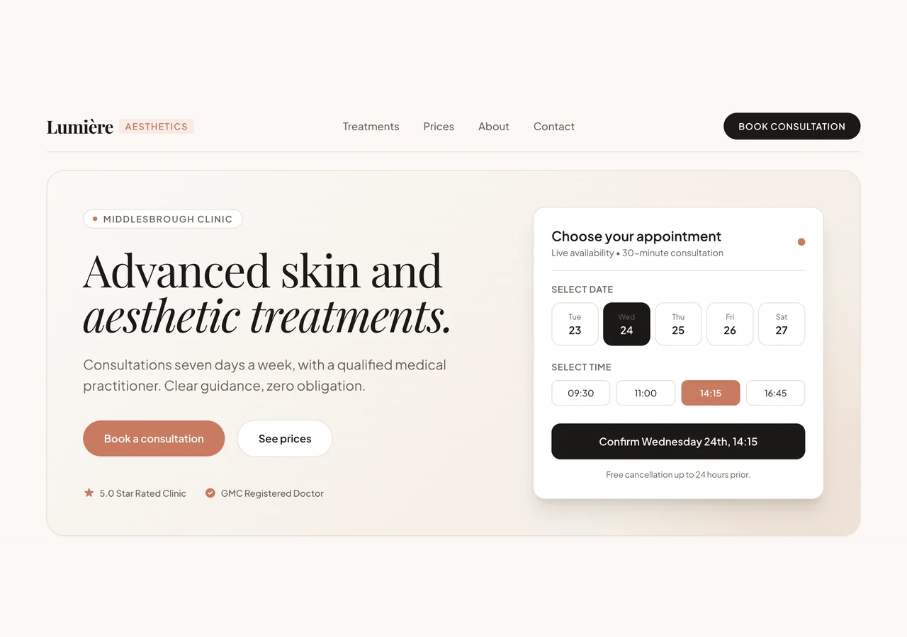 The Lumière Aesthetics clinic homepage: a headline reading Advanced skin and aesthetic treatments beside a live appointment picker with dates, times and a confirm button